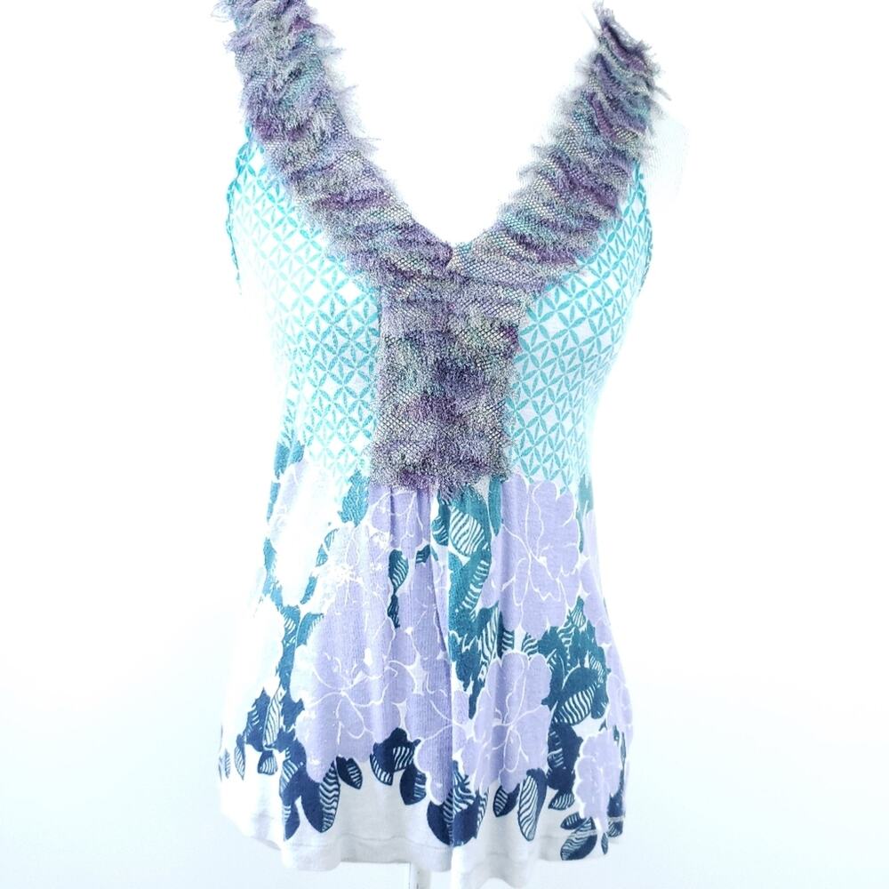 Anthro Deletta Floral Tank Elaborate Trim Linen